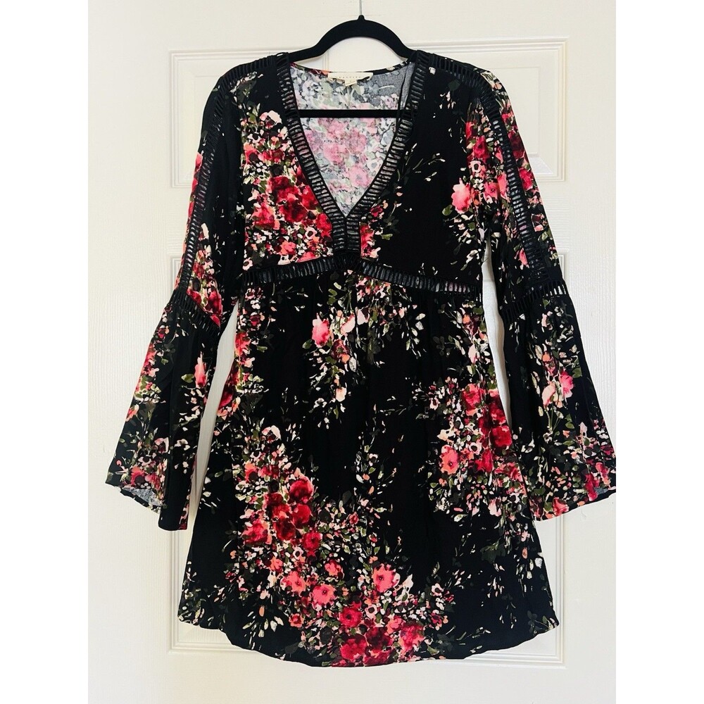 Lovestitch Boho Floral Knee Length Dress Sz S EUC Bell Sleeve Dark Romantic Goth